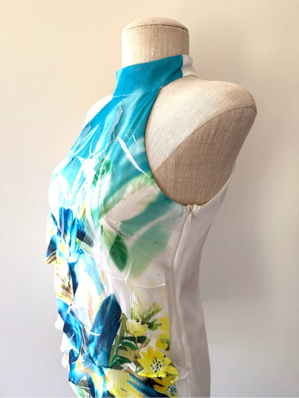 IZ Byer Y2K Tropical Lily Halter Top Blouse Teal Blue Yellow Mock Neck Size S - Picture 6 of 12